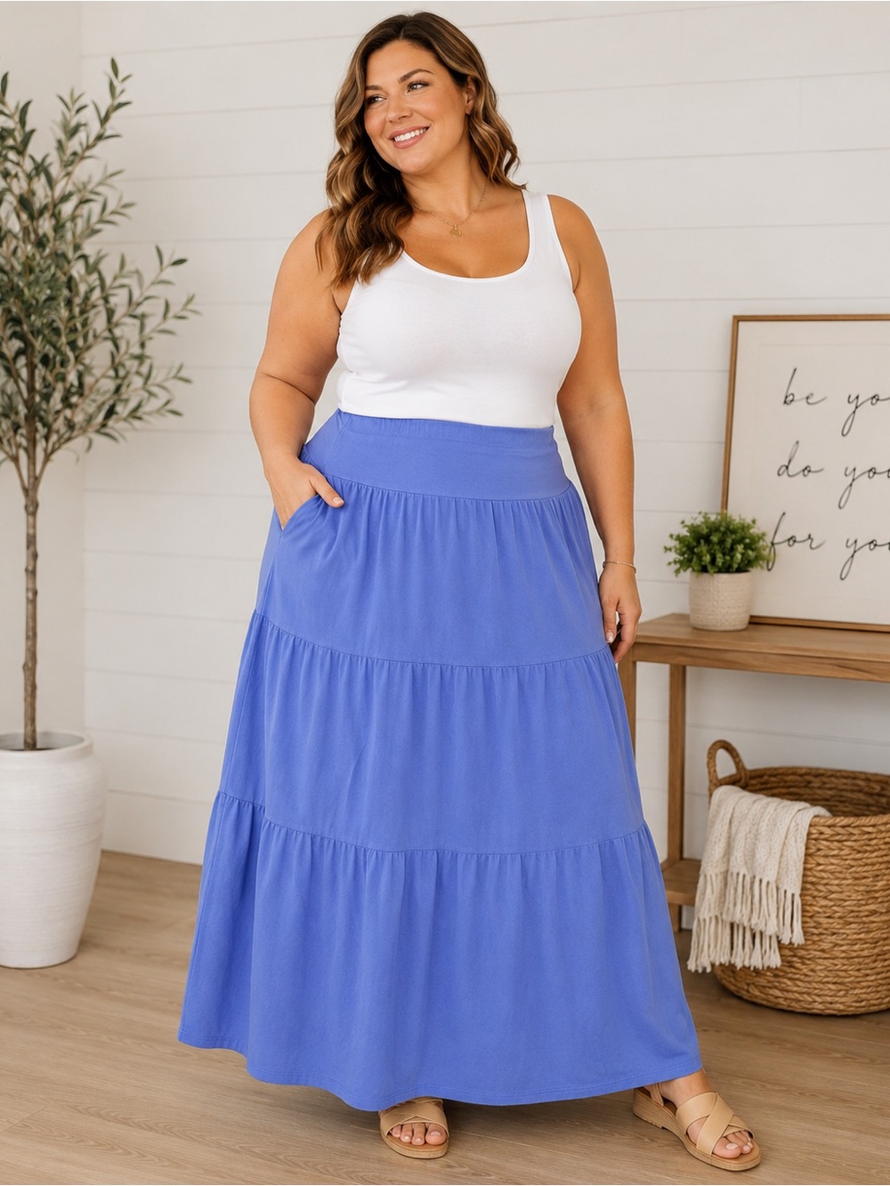 fresh produce periwinkle blue tiered maxi skirt xl cotton boho coastal flowy